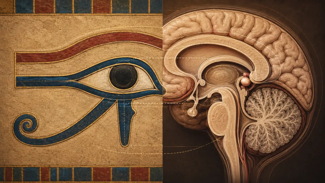 Side-by-side comparison: Eye of Horus hieroglyph and anatomical cross-section of the pineal gland