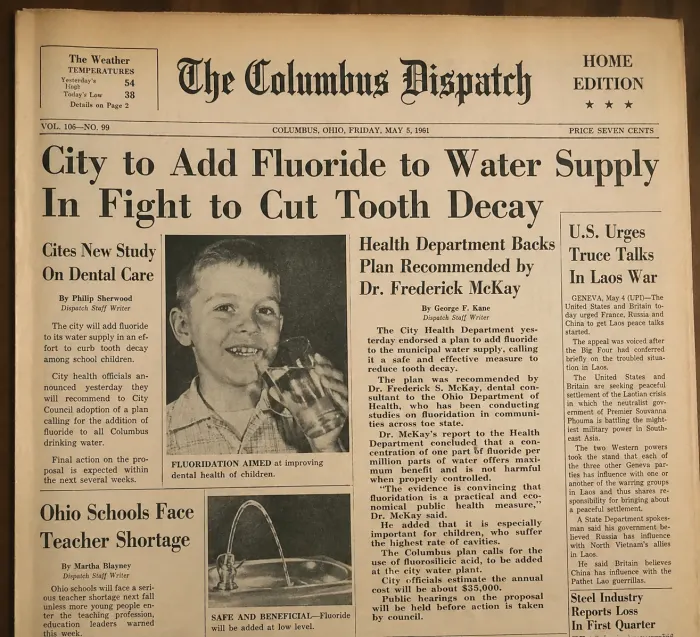 1945 U.S. public health newspaper announcement about water fluoridation