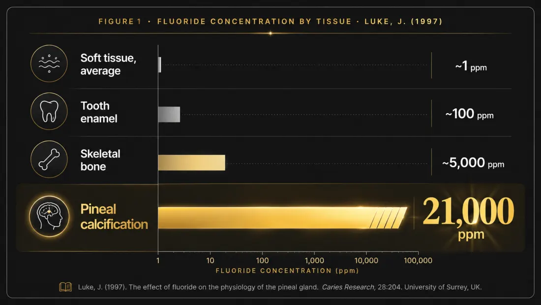 Chart of fluoride concentration by tissue: soft tissue ~1 ppm, tooth enamel ~100 ppm, skeletal bone ~5,000 ppm, pineal calcification ~21,000 ppm